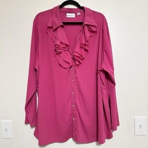 Avenue Womens Size 5X Pink Long Sleeve ‎ Ruffle Button Up Romantic Coquette